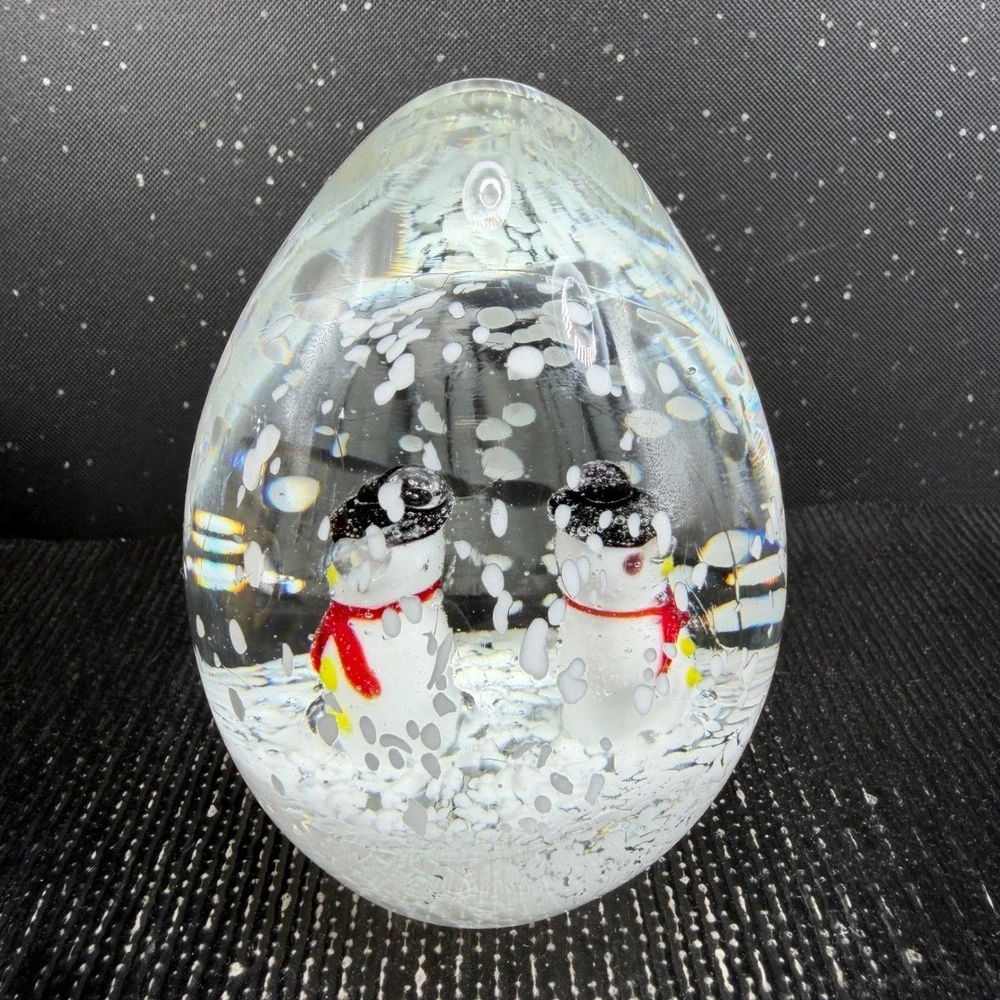 Heavy Glass Snowman Egg Paperweight Winter Snow Scene 4 inch Holiday Decor